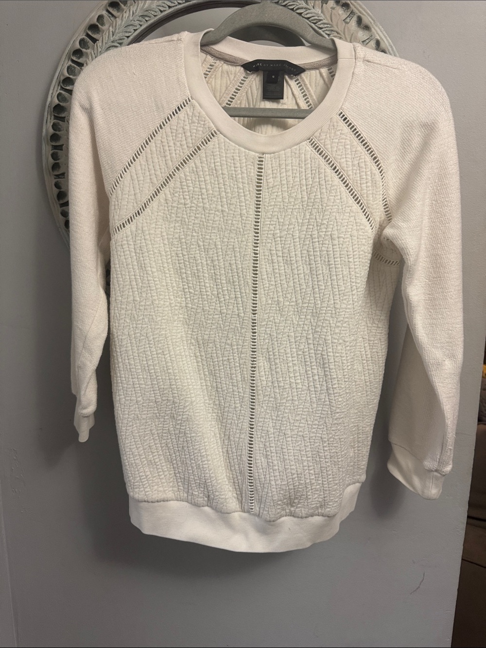 Marc New York Cream Textured Openwork Crewneck Sweater